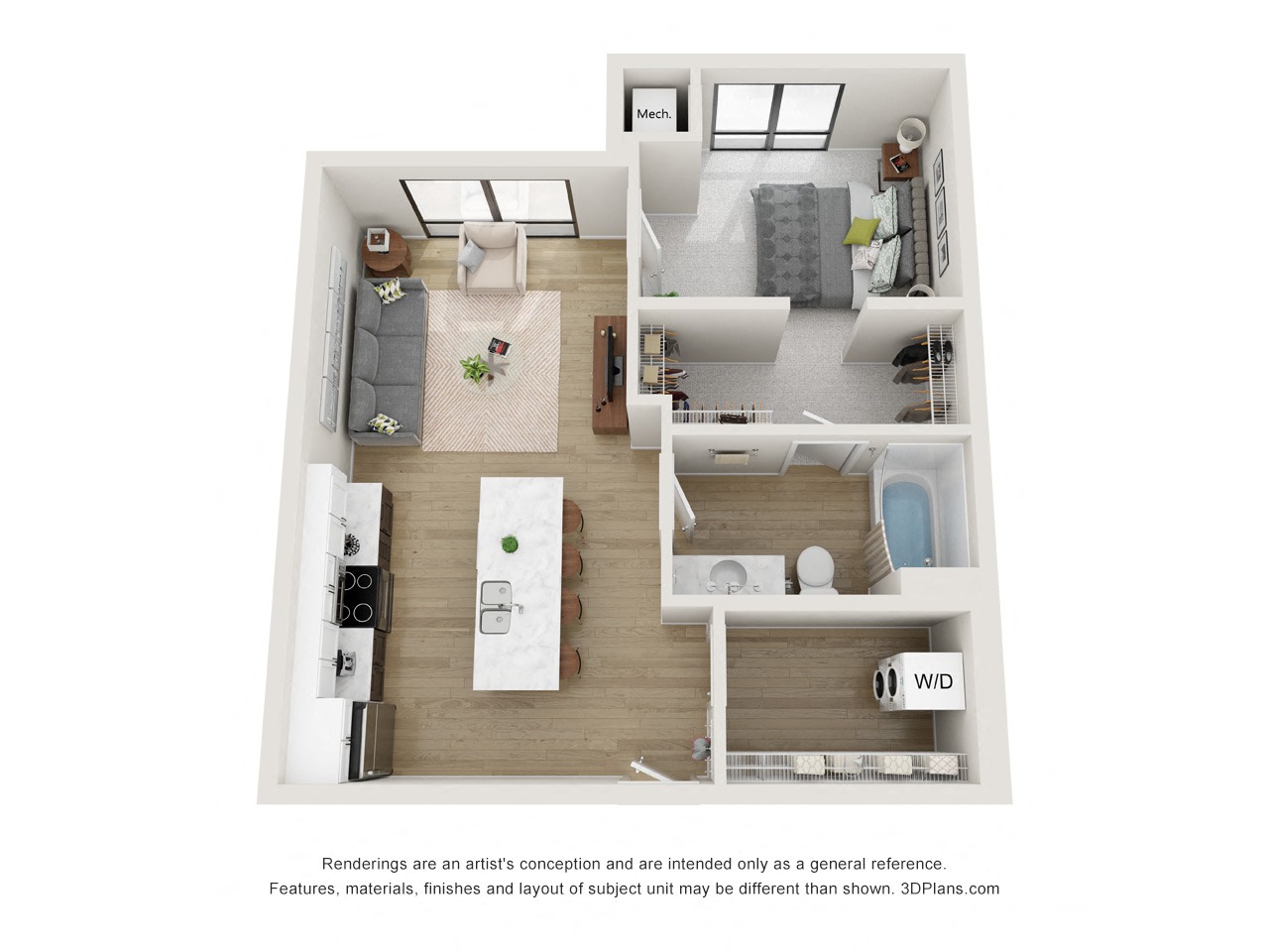 Floor plan for 1 bed, 1 bath, 721 sqft